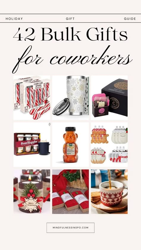 42 bulk gifts for coworkers for Christmas featuring winter coffee tumbler, individually packed tea, bombombs hot chocolate powder in small coffee cups, honey in bear packaging, Christmas sheet masks in bulk, Christmas candles in bulk, Christmas shawl in bulk, Christmas mug in a sweater, sugar canes and more gift ideas in the gift guide on mindfulnesssinspo.com Gifts For Staff Christmas, Staff Gifts For Christmas, Diy Coworker Gifts, Small Christmas Gifts For Coworkers, Bulk Gifts For Coworkers, Coworker Christmas Gifts, Staff Gift Ideas, Coworker Holiday Gifts, Diy Christmas Gifts For Coworkers