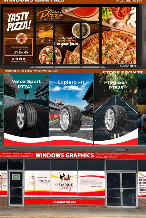 I will design creative shopfront or storefront window graphics Window Graphic Design Store Fronts, Pizza Store, Window Graphic, Store Front Windows, Door Display, Modern Store, Storefront Design, Window Graphics, Door Displays