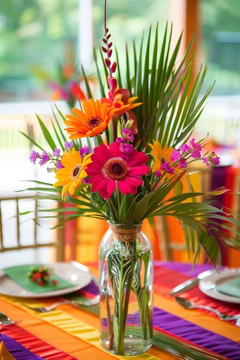 50th Flower Birthday Party Ideas, Simple Floral Decor Party, Aloha Centerpieces Hawaiian Luau, Havana Centerpiece Ideas, Easy Tropical Centerpieces, Colorful Flower Centerpieces For Party, Luau Flower Centerpieces, Fiesta Flower Centerpieces, Hawaii Centerpiece Ideas