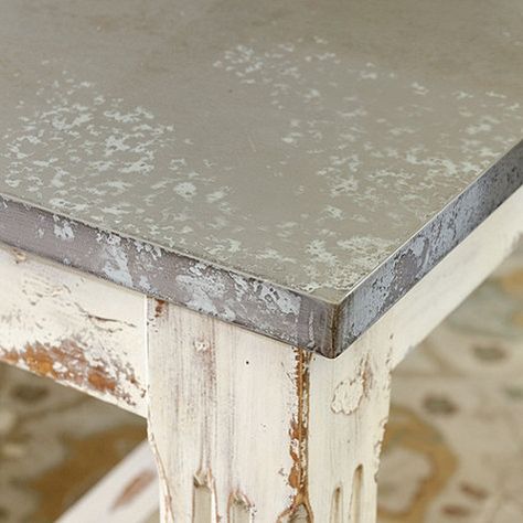 Our Messina Table was inspired by a well-loved Italian antique. The expansive, food-safe top is covered in zinc sheeting that's been acid-washed. Zinc Top Dining Table, Concrete Top Table, Zinc Table Top, Zinc Countertops, Cement Counter, Stainless Steel Table Top, Zinc Table, Cabinet Trends, Seabrook Island