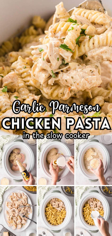 Busy days call for meals that feel indulgent without the extra work—and that’s exactly what this Slow Cooker Parmesan Garlic Chicken Pasta brings to the table! With just a few simple ingredients, the Crockpot takes care of everything, leaving you with a flavor-packed, comforting dish that your family will ask for again and again.  What I love about this dish is how it makes a busy day feel just a little more manageable. Easy Crockpot Recipes With Pasta, Creamy Garlic Parmesan Chicken Pasta Crockpot, Zesty Italian Chicken Pasta Crockpot, Chicken Penne Crockpot Recipes, Chicken Parmesan Garlic Crockpot, Easy Crockpot Dinners Pasta, Olive Garden Garlic Parmesan Chicken Pasta, Crockpot Recipes Garlic Parmesan Chicken, Chicken Parmesan Pasta Crockpot