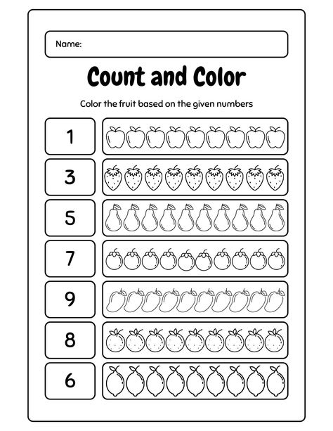 Preschoolers or school age children can count and color the fruit. Counting Worksheets For Kindergarten, Pre K Worksheets, Free Preschool Worksheets, Preschool Math Worksheets, Counting Worksheets, Free Kindergarten Worksheets, Printable Preschool Worksheets, Math Coloring, Preschool Printable