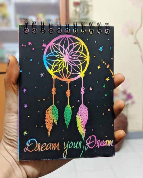 Loving this scratch book😍  #art  Dream catcher in a scratch book. Colorful in it's own way 🥰 Paintings On Sketch Book, Black Paper Art Ideas Creative, Scratch Book Drawing Ideas, Scratch Paper Art Ideas, Scratch Art Ideas Easy, Scratch Book Art, Rainbow Scratch Art Ideas, Scratch Art Designs, Scratch Book Ideas