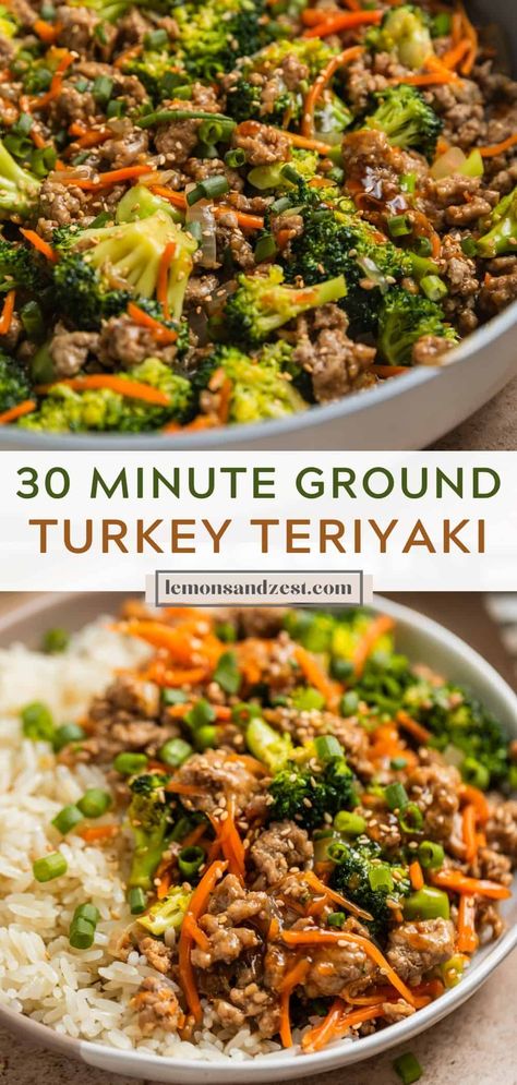 A simple weeknight dinner ready in under 30 minutes, this Ground Turkey Teriyaki Stir Fry is just the right amount of sweet and savory. A simple homemade teriyaki sauce is easier than you think--with a hint of orange zest and all the flavor the whole family will love! Hamburger In A Bowl Whole 30, Weeknight Dinner Prep Ahead, Advocare Dinner Recipes, Low Calorie Ground Turkey Meals, Thai Ground Turkey Recipes, Low Calorie Recipes With Ground Turkey, Healthy College Lunch Ideas, Health Ground Beef Recipes For Dinner, Healthy But Filling Meals