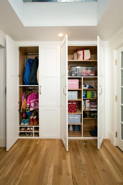 Turning Small Closet Into Mudroom, Convert Coat Closet To Mud Room, Cost Closet Turned Mudroom, Coat Closet To Toy Closet, Converting Coat Closet To Storage, French Closet Doors, Small Closet Door Ideas, Easy Closet Organization, Mudroom Closet