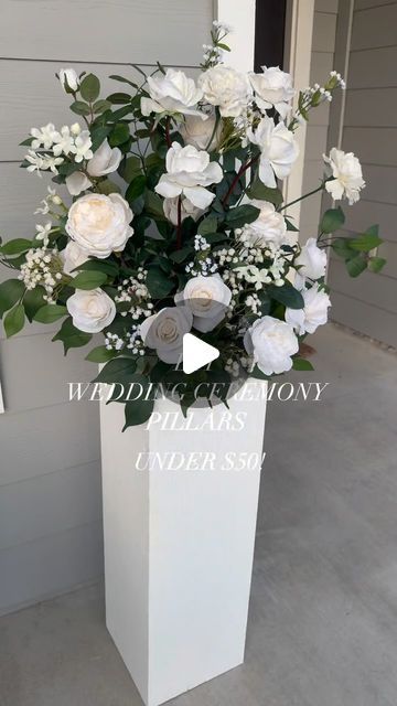 THE REVEAL DIY Wedding Ceremony Pillars! Topped with a DIY floral arrangement too ✨  The two pillars cost us less than $50. Can you bel... | Instagram Diy Wedding Altar Decorations, Alter Diy Wedding, Diy Pillars Columns Decor, Wedding Column Flowers, Diy Wedding Flower Pillar, Diy Wedding Flower Stand, Wedding Alter Pedestal, Diy Alter Flower Arrangements, Diy Flower Pedestal Wedding