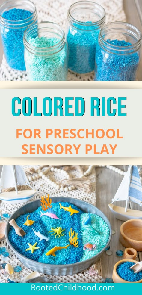 Sea Themed Preschool Activities, Sensory Fillers, Ocean Sensory Play, Summer Studying, Rainbow Fish Activities, Ocean Decorations, Ocean Sensory, Sensory Rice, Underwater Activities