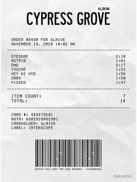 redbubble artist: claireefobi Album Receipts, Album Receipt, Cypress Grove, Album Posters, Album Covers, Photographic Print, For Sale, Quick Saves