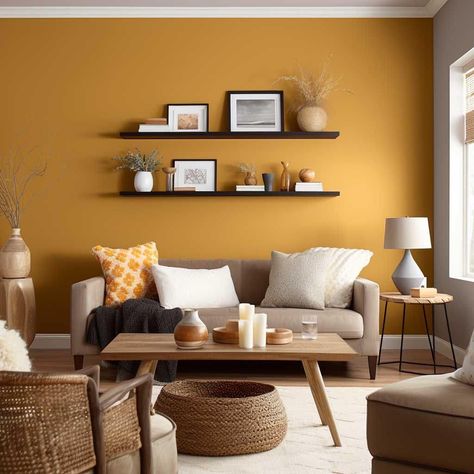 Yellow is the chameleon of design, effortlessly adapting to a myriad of styles. Adding a touch of warmth & vitality. Yellow tones infuse the space with a unique brand of vibrancy, proving that its versatility knows no bounds. #experiencebellepatri #interiordesign #shadesofyellow Yellow Wall In Living Room, Half Yellow Wall, Apartment Painting Ideas Living Room, Yellow Feature Wall Living Room, Ochre Walls Living Rooms, Yellow Interior Design Living Room, Yellow Wall Painting Ideas, Yellow Accent Wall Living Room, Yellow Wall Living Room Ideas