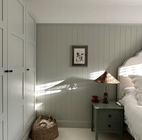 Bedroom With Tongue And Groove Walls, T And G Panelling, Wall Paneling With Picture Rail, Tongue Groove Panelling Bedroom, Traditional Panelling Bedroom, Green Wall Panels Bedroom, Sage Green Spare Bedroom, Panelling To Picture Rail, Picture Rail With Panelling