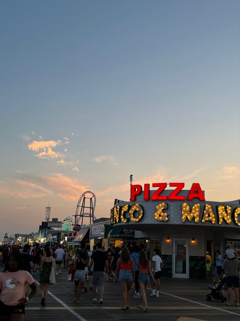 Boarwalk, sunset, pizza, summer, beach days Summer Boardwalk Aesthetic, New Jersey Shore Aesthetic, Ocnj Ocean City Nj, Jersey Beach Aesthetic, New Jersey Summer Aesthetic, Ocean City New Jersey Aesthetic, Beach City Aesthetic, Boardwalk Aesthetic, New Jersey Aesthetic