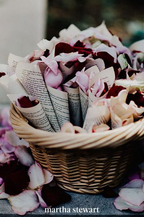 This creative toss idea doubles up on romance. First, get petals in Valentine's Day shades. Then, distribute them to guests in cones made from pages of your favorite love-themed novel. #weddingideas #wedding #marthstewartwedding #weddingplanning #weddingchecklist Valentines Theme Wedding, Romantic Theme Wedding, February Wedding, Chic Vintage Brides, Theme Harry Potter, Malibu Wedding, Valentine Theme, Weddings By Color, Valentines Flowers