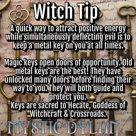 Witch Tip - quick way to attract positive energy while deflecting evil is to carry a metal key - Keys, Part 1 #reiki #reikihealing #narcissistichealing #personaldevelopment Zener Cards, Witch Board, Witchy Tips, Broom Closet, Wiccan Witch, Magick Spells, Eclectic Witch, Wiccan Spell Book, Witchcraft Spell Books