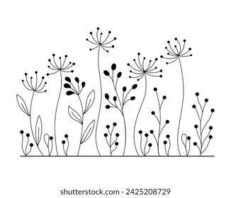 Hand-drawn wild flowers sketch set isolated on white background. Spring herbal design. Black Silhouettes Of Grass, Flowers And Herbs. Wild Flower Line Drawing, Herbal Design, Embroidery Design Sketch, Flower Black And White, Flowers Sketch, Wildflower Drawing, Grass Flowers, Background Spring, Doodle Art Flowers