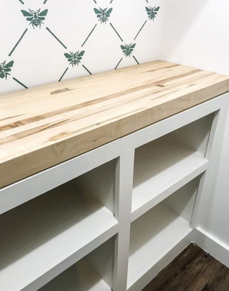 Pantry Base Cabinet Ideas, Butcher Block With Open Shelves, Butcher Block Countertops In Pantry, Diy Pantry With Countertop, Pantry Design With Countertop, Diy Pantry Shelves With Counter, Rustic Pantry Shelves, Pantry Butcher Block Counter, Butcher Block In Pantry