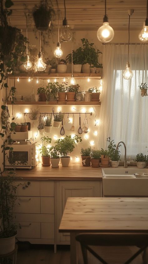 Cozy cottagecore kitchen with pastel colors, fairy lights, plants, and warm lighting, creating a winter night atmosphere. Cottagecore Aesthetic Kitchen Fairy, Twinkle Lights Kitchen Window, Small Apartment Kitchen Decor Interior Design, Mushroom Kitchen Aesthetic, Cute Cozy Kitchen Ideas, Light Boho Kitchen, Boho Kitchen Nook, Cottagecore Kitchen Lighting, Light Airy Kitchen Ideas