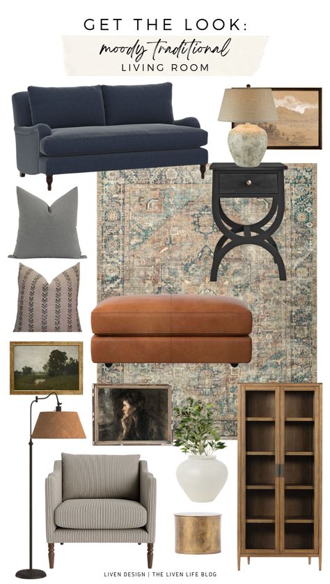 Get The Look: Moody Traditional Living Room — LIVEN DESIGN Moody Farmhouse Interior, Moody Modern Farmhouse, Witchy Cabin, Moody Traditional, Living Room Moody, Wood Display Cabinet, Modern Traditional Living Room, Earth Tone Living Room, Blue Sofa Living