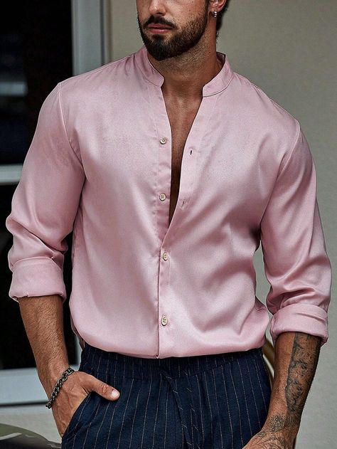 Manfinity Homme Men Solid Button Front Shirt Without Tee | SHEIN USA Purple Shirt Outfits, Pink Shirt Outfit, Pink Shirt Men, Blush Pink Top, Light Pink Shirt, Shirt Outfit Men, Outfits Hombre, Silk Shirt Dress, Traje Casual