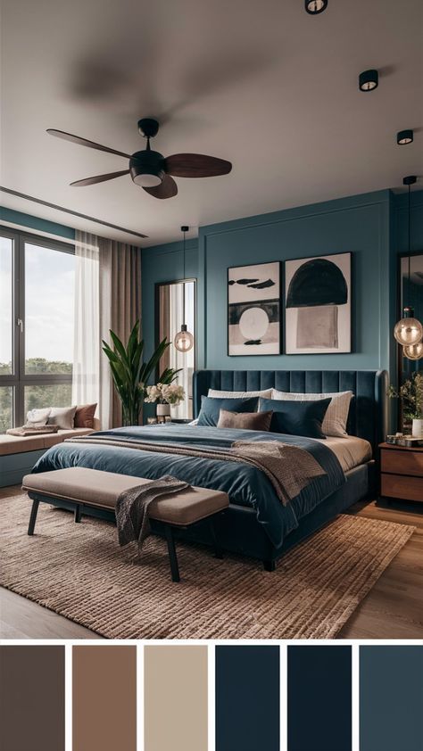 Aesthetic Color For Room, Best Room Colors Bedrooms Cozy, Dark Blue Rooms Ideas, Blue And Dark Wood Bedroom, Dark Blue Bedroom Design, Cozy Wall Colors Bedroom, Aesthetic Blue Bedroom Ideas, Dark Room Color Ideas, Cozy Colors For Bedroom