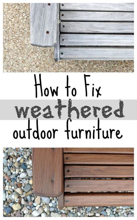 A cheap and easy solution for fixing weathered outdoor furniture. Wooden Patio Furniture, Adirondack Furniture, Chairs Outdoor, Wooden Patios, Outdoor Wood Furniture, Furniture Fix, Wood Patio Furniture, Pallet Outdoor, Wood Patio