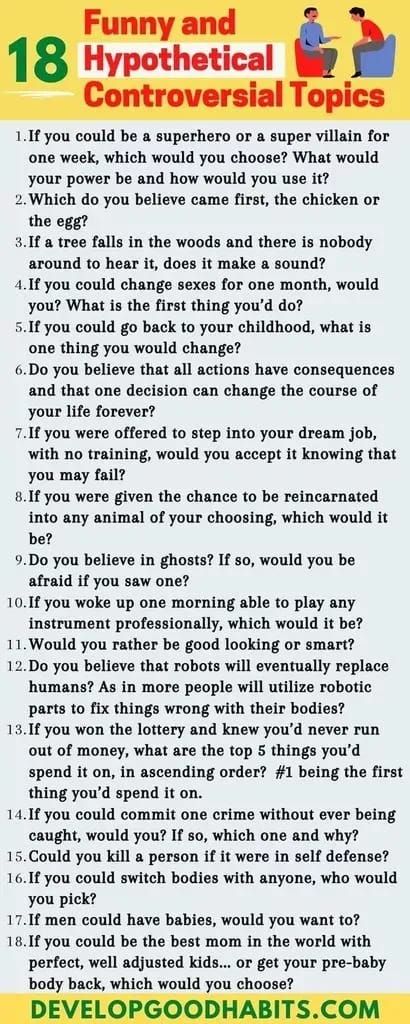 Funny and Hypothetical Controversial Topics #controversy #conversation #conversationtopics Open Discussion Topics, Contriversal Topics, Hypothetical Questions Funny, Funny Podcast Topics, Funny Topics To Talk About With Friends, Funny Hypothetical Questions, Controversial Questions Funny, Comedy Questions, Funny Topics To Talk About