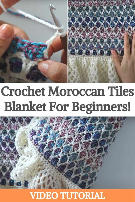 The Moroccan Tile Blanket is warm, cozy, a fast stitch pattern to crochet, and very colorful! One of the best parts of this blanket is that this kind of stitch makes it completely reversible, so you can use it on both sides. The author also added a cute border to give an extra of cuteness with a romantic wise to the blanket. The complete blanket turns out a square that measures around one meter on each side, including the border. If you want to make this exact size shown on the video you'll... Moroccan Stitch Crochet, Crochet Tile Blanket, Moroccan Tile Stitch Crochet, Reversible Crochet Blanket Pattern, Crochet Reversible Blanket, Moroccan Crochet Blanket, Crochet Moroccan Tile Afghans, Moroccan Tile Crochet Patterns, Moroccan Crochet Pattern