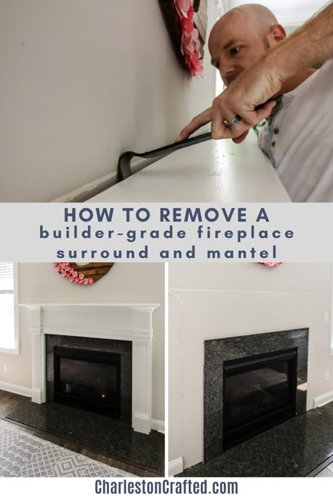 If you’re looking for how to remove your builder grade fireplace surround and mantel, look no further! This is an easy DIY project that can be completed in about 30 minutes and set you up to install a custom mantle or accent wall in your home! Last year, we purchased our home, which was built … The post How to remove a builder grade fireplace surround and mantel appeared first on Charleston Crafted. Replacing Fireplace Mantle, Fireplace Removed Ideas, How To Update Fireplace, Upgrade Fireplace Mantel, Fireplace Mantle Replacement, Redo Mantle Diy Fireplace, Make Fireplace Look Taller, Diy Fireplace Refacing, Mantle Remodel Diy