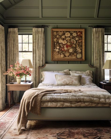 Floral Master Room, Blue Master Bedrooms Ideas, Master Bedrooms Decor Green Bedding, Dark Green Farmhouse Bedroom, Vintage Green Bedroom Ideas, Clary Sage Bedroom, Green French Bedroom, Curtains With Green Walls, Sage Green Master Room