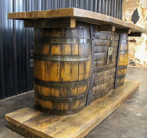 Whiskey Barrel Bar | Home Bar | Man Cave Bar | Ranchland Rustics Ltd. Diy Whiskey Barrel, Man Cave Bar Diy, Metal Barrel Furniture, Bourbon Barrel Furniture, Bourbon Barrel Bar, Whiskey Rack, Whiskey Barrel Bar, Whiskey Barrel Table, Wine Barrel Bar