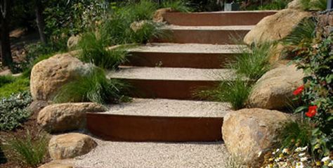 Garden Steps with Steel Edging from FormBoss Metal Garden Edging Recycled Garden Edging, Corten Steel Garden, Stairs Outdoor, Metal Garden Edging, Steel Garden Edging, Landscape Stairs, Steel Edging, Australian Native Garden, Garden Stairs