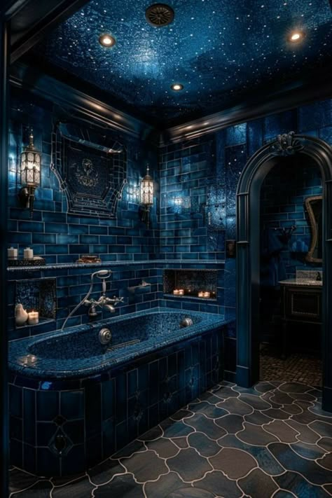 Night Sky Bathroom Ideas, Night Themed Bathroom, Celestial Bathroom Ideas, Colored Ceiling Bathroom, Deep Ocean Aesthetic Dark, Starry Night Bathroom, Deep Sea Bathroom, Gothic House Ideas, Galaxy Bathroom