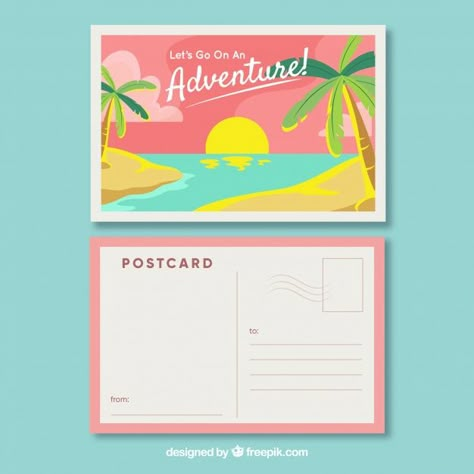 Travel postcard with beach view in flat style Free Vector Travel Postcards Ideas, Cute Postcard Design, Postal Card Design, Travel Postcard Design, Postcard Design Layout, Travel Design Inspiration, Postcard Graphic Design, Postcard Design Ideas, Postcard Idea