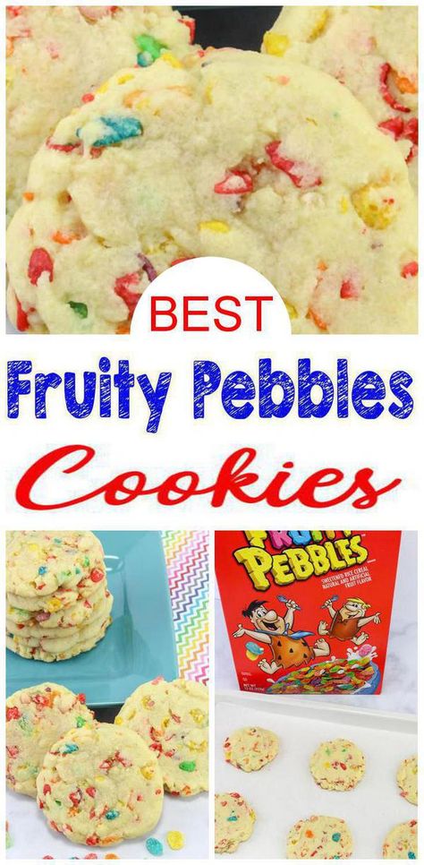 BEST Kids Party Food Recipe! Fruity Pebble Cookies are a great small sweet treat, snack, or kids party desserts! Great for birthdays, bridal shower or baby showers - adults, boys & girls love this DIY homemade secret ingredient cereal Fruity Pebble Cookies. Great for any theme party including unicorn parties, sleepover / slumber parties. #snacks #easyrecipe What To Make With Fruity Pebbles, Desserts Kids Love, Savory Birthday Treats, Easy Treats For Kids, Fruit Pebble Cookies, Fruity Pebbles Recipes, Fruity Pebble Desserts, Cereal Themed Party, Fruity Pebble Cookies Recipes