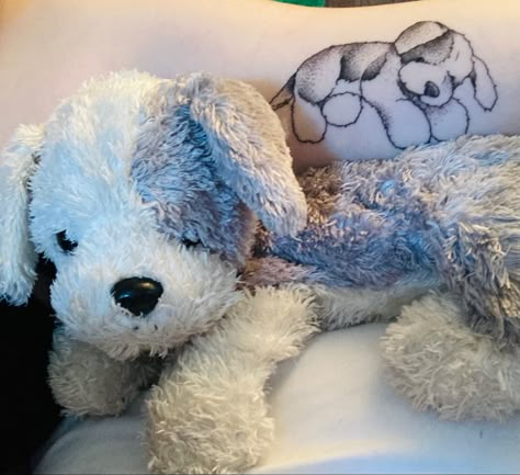 Stuffed Dog Tattoo, Childhood Toy Tattoo, Childhood Teddy Tattoo, Childhood Stuffed Animal Tattoo, Childhood Plushies, Plushie Tattoo, Plushy Aesthetic, Brown Ink Tattoos, Childhood Tattoo Ideas