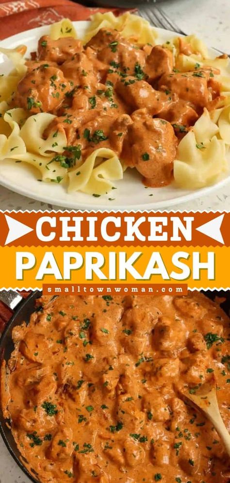 This Chicken Paprikash is a tasty recipe for dinner tonight! It starts with chicken pan-fried in butter and smothered in a creamy sauce seasoned with sweet Hungarian paprika. It makes an easy winter recipe or a delicious comfort food idea! Chicken Paprikash Recipe, Paprikash Recipe, Small Town Woman, Chicken Paprikash, Paprika Sauce, Easy Comfort Food, Winter Dinner, Chicken Dishes Recipes, Poultry Recipes