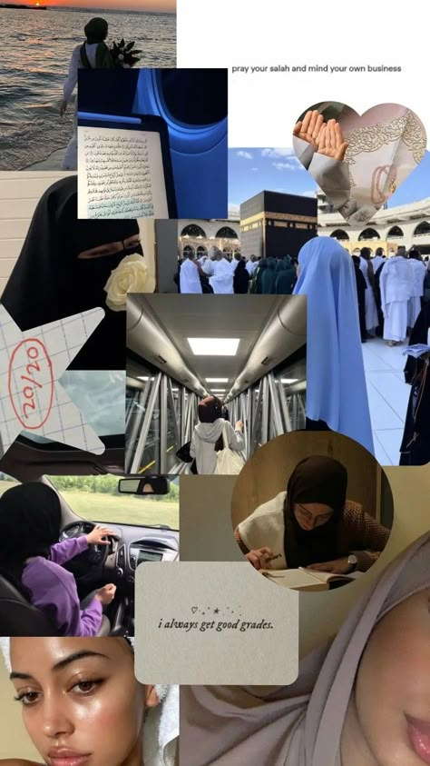 The best vision board for a muslim girl who wears the hijab or the niqab who would love to be gorgeous, to have glass skin ,get her license, have good grades ,intelligent ,love to travel the world and especially makkah ,also she on her deen do prayers on time read quran and super close to 'الله 
May 'الله guide is on the right path sisters 🤍🤍🤍 2024 Vision Board Muslim, 2024 Vision Board Islam, Vision Board Muslimah, Hijabi Vision Board, Muslim Girl Vision Board, Muslimah Vision Board, Islam Vision Board, Muslimah Motivation, Muslim Vision Board