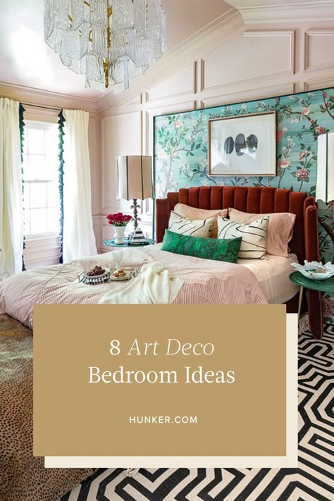 Art Deco Bedroom Curtains, Art Deco Primary Bedroom, Cool Curtain Ideas, Modern Art Deco Family Room, Art Deco And Modern Interior, 1920 Apartment Aesthetic, Traditional Art Deco Interior, Art Deco Glam Bedroom, Glamorous Master Bedrooms Decor