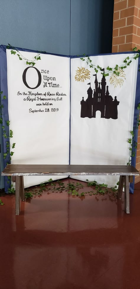 Hoco Dance Photo Spot that I made. The theme was "Once Upon a Time" Ball Theme Ideas Formal, Once Upon A Time Theme Decoration, Once Upon A Hoco Theme, Fairytale Homecoming Decorations, Once Upon A Prom Theme, Once Upon A Prom, Disney Hoco Decorations, Fairytail Prom Theme, Once Upon A Time Hoco Theme