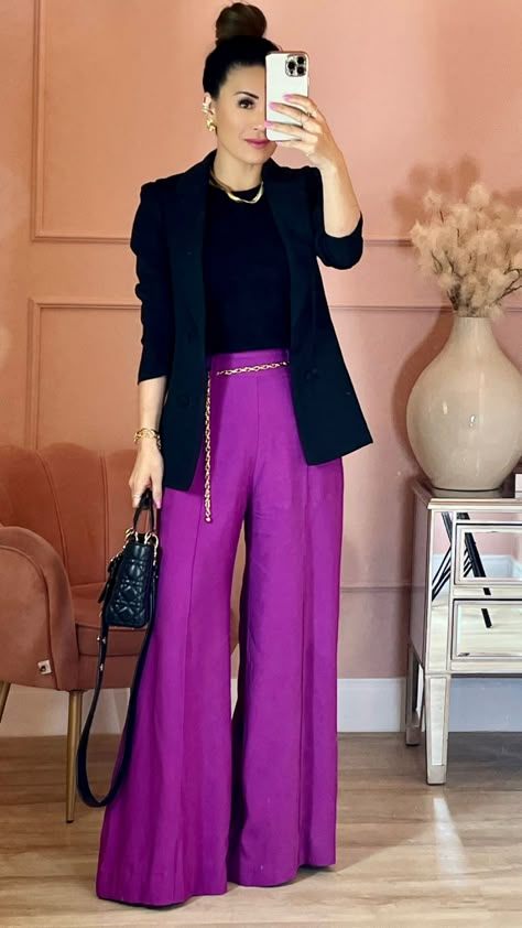 Womens Business Attire Summer, Purple Palazzo Pants Outfit, Wide Leg Purple Pants Outfit, Magenta Pants Outfit Work, Purple Wide Leg Pants Outfit, Purple Work Outfit, Dress Slacks Outfit, Work Casual Outfits For Women Summer, Dark Purple Blazer Outfit