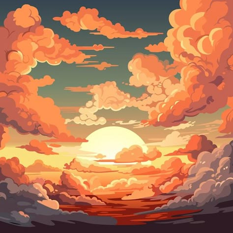 Vector evening sky clouds sunset backgro... | Premium Vector #Freepik #vector #anime-sky #sunset-clouds #sky-illustration #dusk Sunset Clouds Drawing, Sky Aesthetic Illustration, Sky Drawing Clouds, Clouds Illustration Art, Sun Behind Clouds Drawing, Sky Illustration Art, Sunset Illustration Art, Tangerine Tattoo, Sunset Drawing Ideas