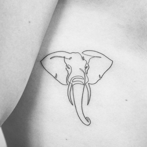 Single line elephant tattoo on the right side ribcage. Single Line Drawing Elephant, Masculine Elephant Tattoo, Single Line Elephant Tattoo, Elephant Tattoos Simple, Small Elephant Tattoo Outline, Single Line Elephant, Elephant Line Tattoo, Minimal Elephant Tattoo, Line Elephant Tattoo