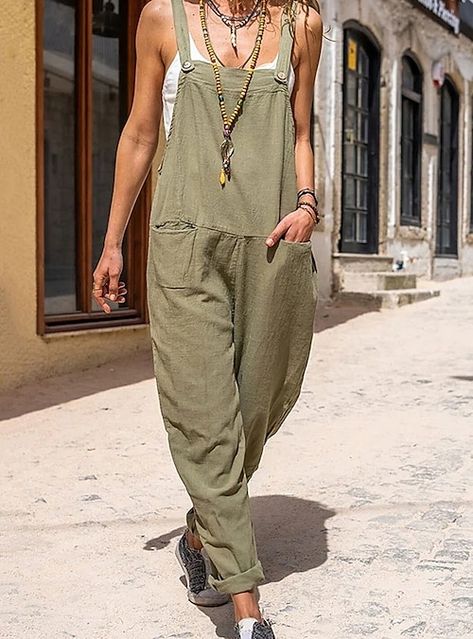 Street Outfit Women, Linen Overalls, Collar Jumpsuit, Pocket Jumpsuit, Solid Jumpsuit, Solid Color Jumpsuits, Jumpsuit Casual, Loose Jumpsuit, Suspender Pants