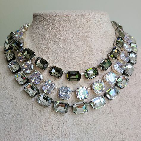 anna wintour necklace, asscher cut zircon riviere, black diamond Austrian crystal collet, grey mother of bride necklace, Georgian paste Necklace Stacking, Handmade Jewelry Ideas, Bride Necklace, Anna Wintour, Asscher Cut, Needle Lace, Mother Of Bride, The Crystals, Crystal Necklaces