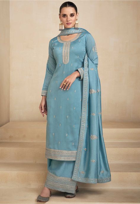 Powder Blue Dress, Palazzo Suit, Readymade Saree, Silk Bottoms, Utsav Fashion, Salwar Kameez Designs, Pakistani Suits, Stunning Outfits, Silk Dupatta