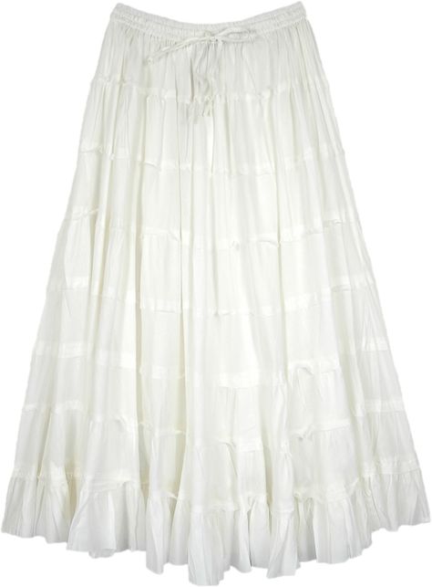 A dreamy white modern classic tiered skirt in pure cotton fabric - for summers, or wherever a long white skirt will do - from weddings to churches.  This is a mid-weight everyday casual skirt that is very comfortable to wear. #tlb #Crinkle #TieredSkirt #MaxiSkirt #vacationclothing #summerlongskirt #cottontieredskirt Long White Linen Skirt, Low Waisted White Skirt, White Skirt Flowy, Flowy Long White Skirt, Long Summer Skirts, Skirts Aesthetic, Laufey Concert, White Tiered Skirt, White Flowy Skirt