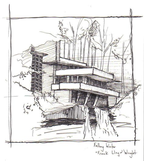 şelale evi loyd Falling Water House Drawing, Falling Water Sketch, Frank Lloyd Wright Drawings, Water Sketch, Falling Water Frank Lloyd Wright, Kaufmann House, Falling Water House, Hand Sketches, Waterfall House