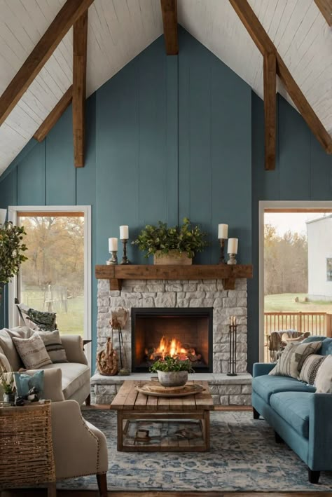 farmhouse style living room, cozy fireplace design, interior design farmhouse inspired, home decor farmhouse, farmhouse living room ideas, cozy living room design, farmhouse fireplace design Farmhouse With Color Living Room, Brick Fireplace Blue Walls, Blue Farmhouse Living Room Ideas, Lake House Living Room Ideas Cozy, Craftsman Lake House Interior, Vermont Interior Design, Living Room With Fireplace Design Ideas, Living Room Designs Craftsman, Country Blue Living Room