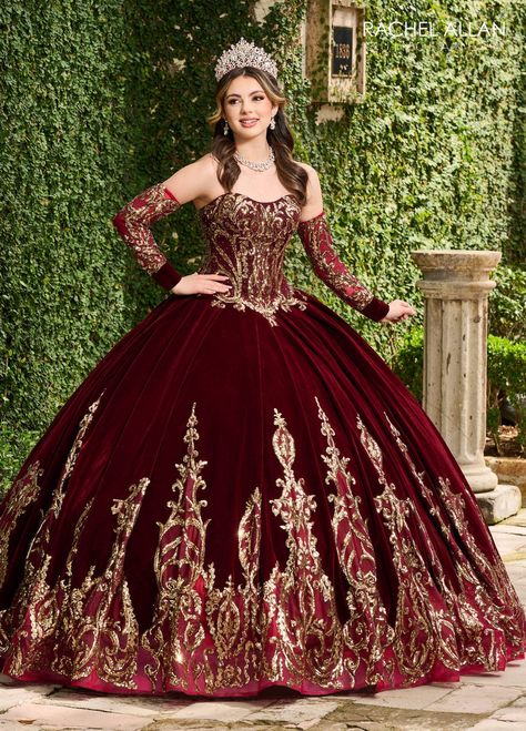 Red And Gold Quinceanera Dresses Long Sleeve, Velvet Ball Gown, Long Strapless Dress, Quince Stuff, Royal Train, Quinceanera Planning, Mary's Bridal, Debutante Ball, Quince Ideas