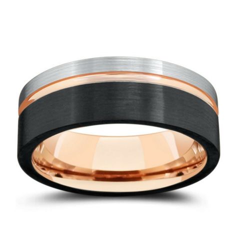 Beautiful crafted triple tone tungsten men's wedding ring with an 18k rose gold interior. Silver and black textured top with a carved channel groove. See more here: https://northernroyal.com/collections/brushed-tungsten-rings/products/mens-three-tone-tungsten-wedding-band-with-pipe-cut-design Hunting Wedding Rings, Mens Wedding Rings Tungsten, Blue Diamond Engagement Ring, Rose Gold Diamond Ring Engagement, Engagement Rings Twisted, Leaf Engagement Ring, Tungsten Rings, Floral Engagement Ring, Titanium Wedding Rings