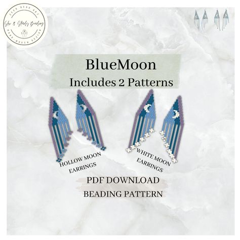 Blue-Coated Crescent Fringe Earrings Pattern, Motifs Perler, Beaded Earring, Brick Stitch Pattern, Seed Bead Patterns, Bead Patterns, Earring Patterns, Moon Earrings, Brick Stitch